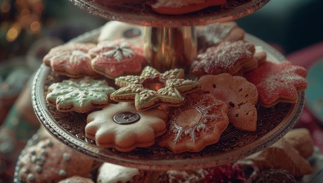 Festive christmas cookies on elegant two-tier serving stand
