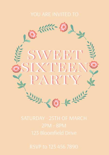 Ideal for Sweet Sixteen birthday celebrations, invites showcase a decorative floral wreath in pastel tones. This template can be used for creating elegant party invitations for teenage girls. Suitable for printing or digital sharing, perfect for those wanting a sophisticated and youthful design.