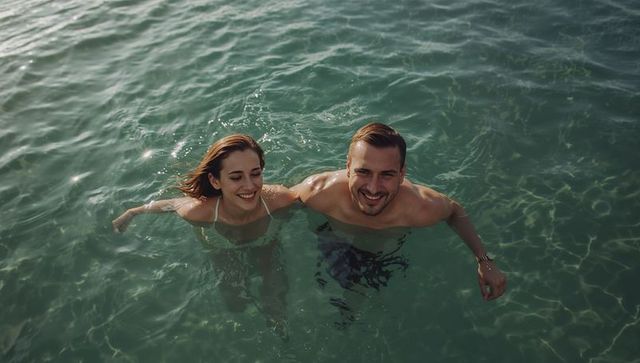 Smiling couple floating chest-up in clear emerald ocean water showing wristwatch and swimwear