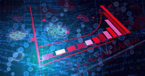 Rising Red 3D Bar Chart Over Virus Data Visualization Showing Digital Analytics Surge