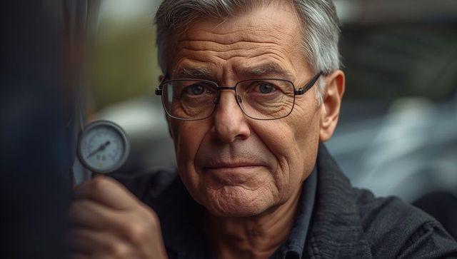 Senior technician holding gauge for precision measurement