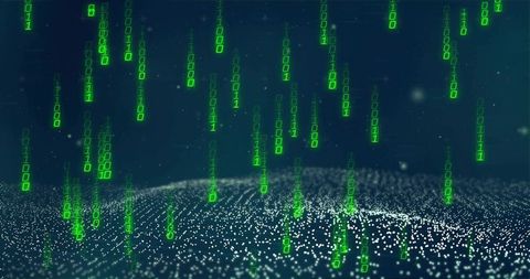 Streaming Green Binary Rain Over Glowing Point-Cloud Landscape Representing Data Flow