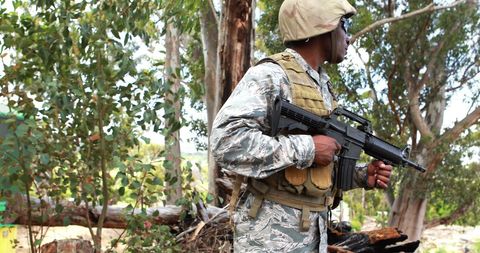 Vigilant Soldier Standing Alert in Woodland Area - Download Free Stock Images Pikwizard.com