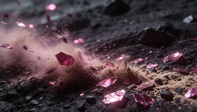 Erupting pink crystal shards scattering across dark regolith with reflective dust plume