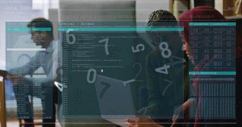 Tech team collaborating over laptop with data overlay dashboard and code terminal