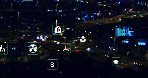 Futuristic Ecology Icons Overlaying Urban Nightscape Visualization - Download Free Stock Images Pikwizard.com