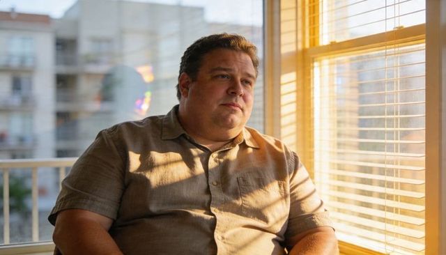 Thoughtful man gazing through blinds at warm sunset light in urban apartment interior
