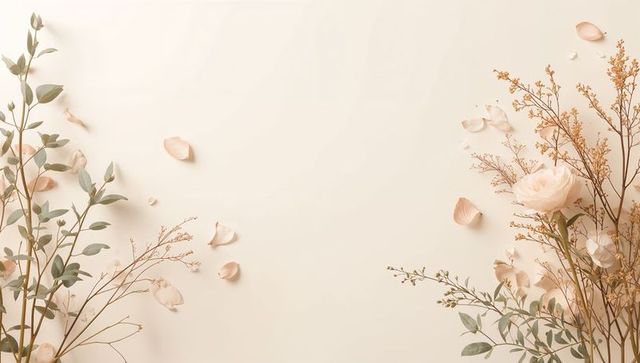 Blush rose and eucalyptus framing minimal flat lay with falling petals on cream backdrop