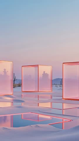 Panning vertical video showcasing neon-lit glass cubes on salt flat at twilight