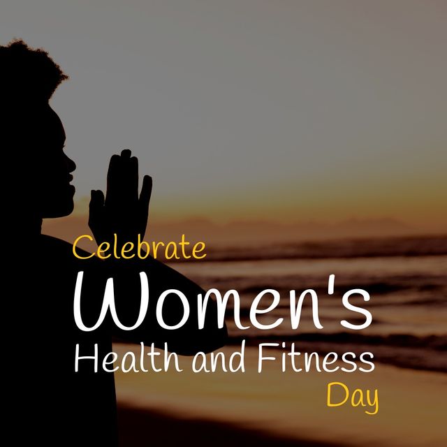 National women's health and fitness day text over silhouette of woman meditating at the beach. National women's health and fitness day awareness concept