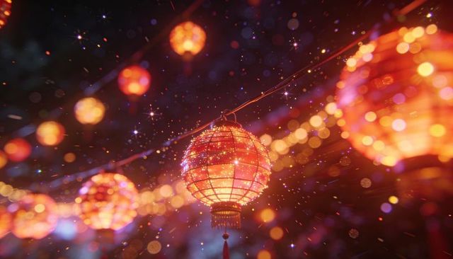 Glowing Red Lanterns Swaying Over Festival Courtyard at Night with Warm Bokeh Lights and Amber Tasse