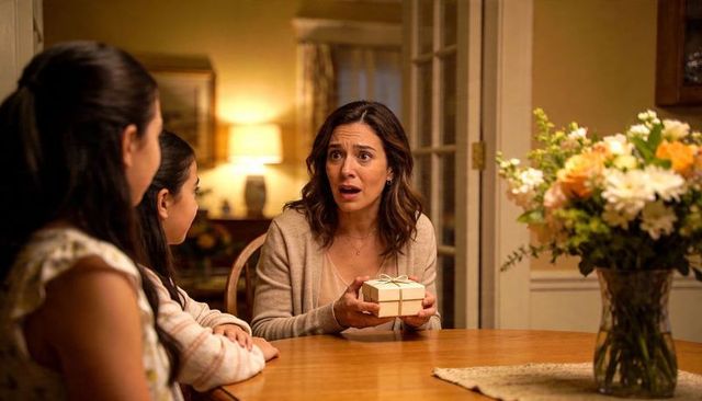 Surprised mom receiving small wrapped gift from daughters at cozy family dinner table