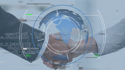 Business Partners Shaking Hands Behind Digital Globe Animation