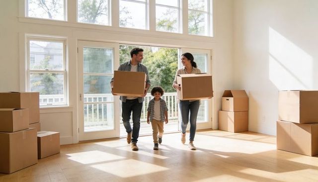 Young family moving into bright new home carrying boxes through sunlit living room