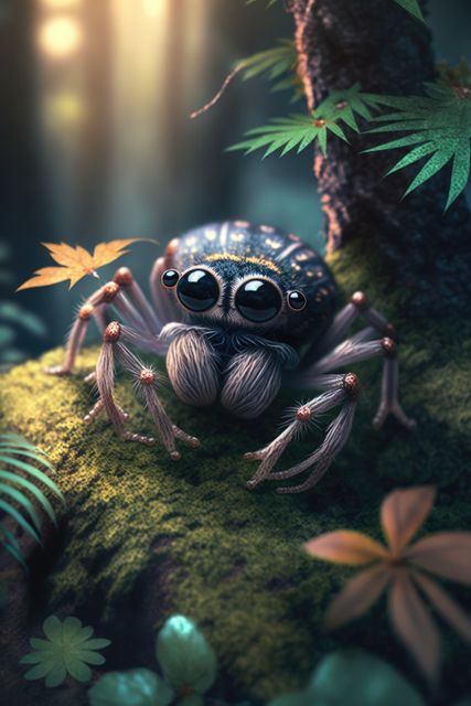 Whimsical cartoon spider with large, glowing eyes sitting on moss-covered ground in enchanted forest. A vibrant, fantastical scene with detailed nature elements. Ideal for fantasy stories, children's books illustrations, and digital art projects focusing on nature and whimsy.