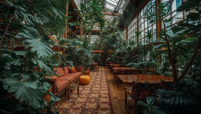 Sunlit conservatory dining with lush tropical plants, patterned runner rug and rustic seating