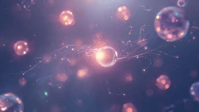 Glassy Orb Emitting Warm Peach Light with Filament Sparks in Ethereal Cosmic Field