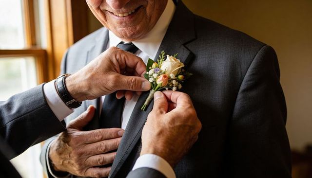 Father pinning cream rose boutonniere on groom suit lapel during wedding preparation