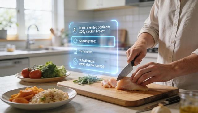 Home cook using ar recipe assistant slicing chicken on wooden board in bright kitchen