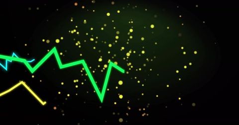 Pulsing neon zigzag waveform glowing green cyan yellow with gold bokeh on dark canvas
