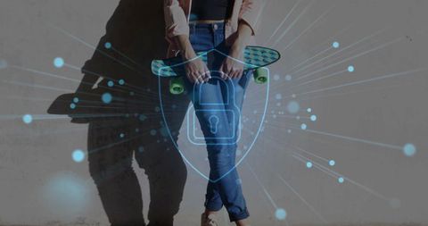 Woman Skateboarder with Digital Shield Displaying Cybersecurity Concept