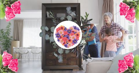 Happy Family Gathering at Home with Floral Heart Overlay