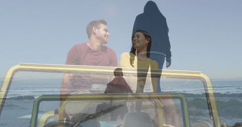 Happy Couple Enjoying Summer Road Trip by the Beach