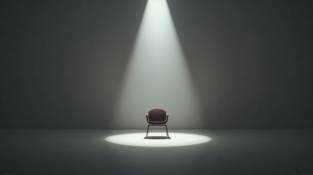 Solitary Midcentury Armchair Illuminating under Dramatic Spotlight for Interview Concept