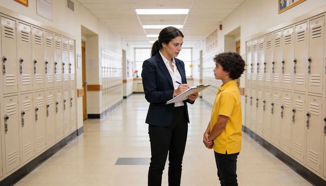 Teacher taking notes while talking with student in school hallway, guidance conversation