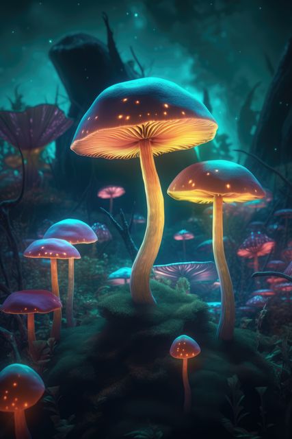 Close up of colorful glowing mushrooms in forest created using generative ai technology. Mushrooms, magic and colours concept digitally generated image.