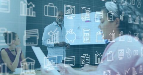 Black executive presenting analytics to team with digital finance icons and charts overlay