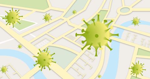 Covid-19 Cells Overlay on Urban City Map Illustration