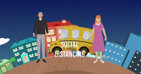 Social distancing concept with pictograms over school bus