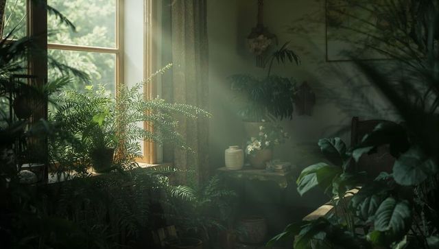 Sunlight Streaming Through Wood-Framed Window Highlighting Lush Indoor Plant Oasis and Tranquil Gree