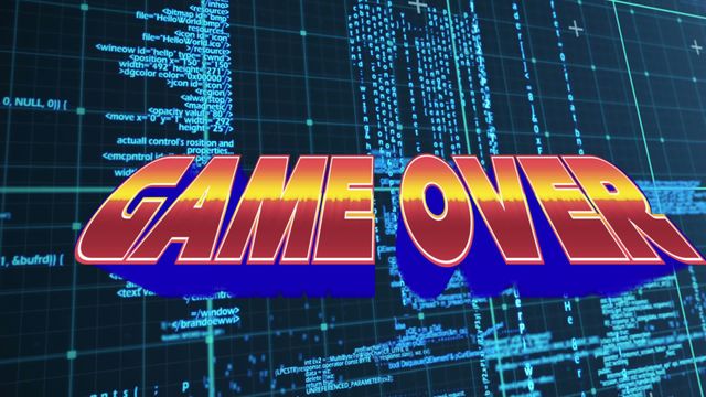 A vibrant 'Game Over' sign appears on a futuristic digital grid filled with scrolling code. Perfect for illustrating technology themes, coding, cyber security, hacking, or for use in technology-related video games and applications. The matrix-style digital elements evoke a high-tech, modern aesthetic.