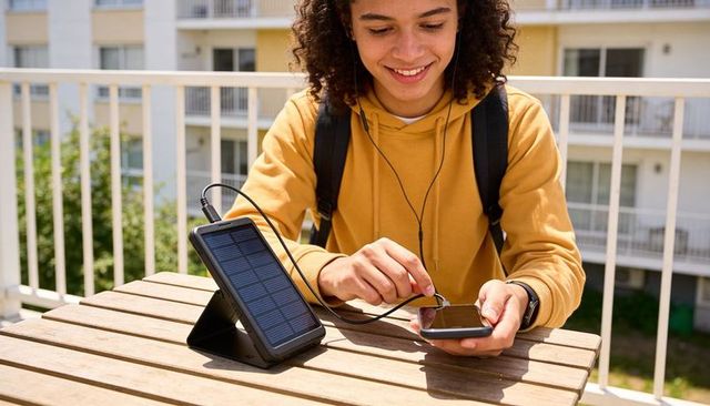 Teen charging smartphone with portable solar charger on balcony for sustainable student tech