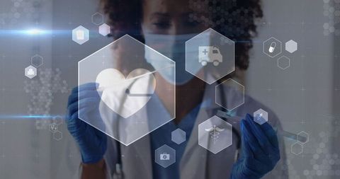 Clinician drawing vaccine from vial with syringe overlaying digital health hexagon icons