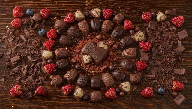 Arranging Gourmet Chocolate Pralines with Fresh Raspberries and Blueberries on Dark Wood