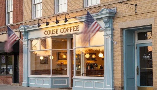 Small town coffee shopfront inviting at sunset with warm pendant lights and american flags