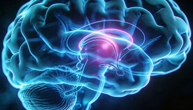 Glowing translucent brain revealing neon neural core and cerebellum in holographic 3D