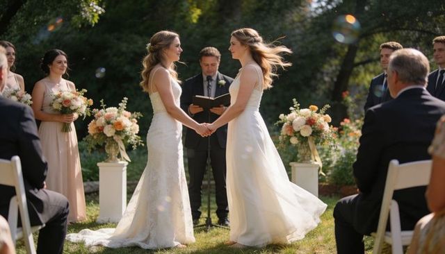 Two brides holding hands in sunlit garden wedding ceremony