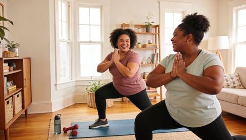 Two women exercising in sunlit living room doing prayer lunge on mat, partner workout