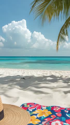 Vertical Beach Video Featuring Palm Frond Swaying, Turquoise Shoreline, Straw Hat