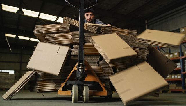 Warehouse worker stabilizing falling cardboard boxes on overloaded pallet jack under skylight