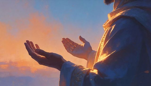 Robed male figure raising hands at coastal sunrise, embroidered robe glowing with golden light