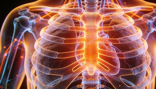 3d thorax anatomy render highlighting rib cage sternum lungs heart vessels
