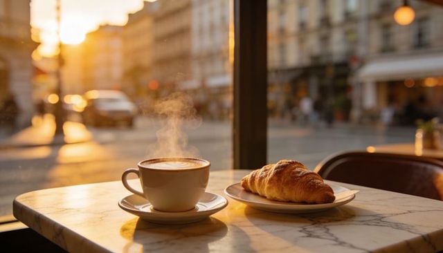 Steaming cappuccino and golden croissant on marble table by sunlit cafe window sunrise
