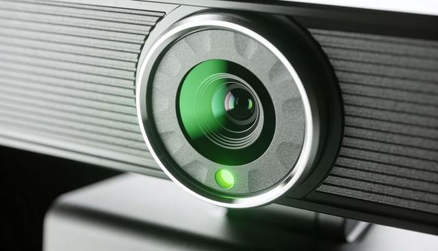 External Webcam Lens Reflecting Green LED with Silver Trim on Desk Mount