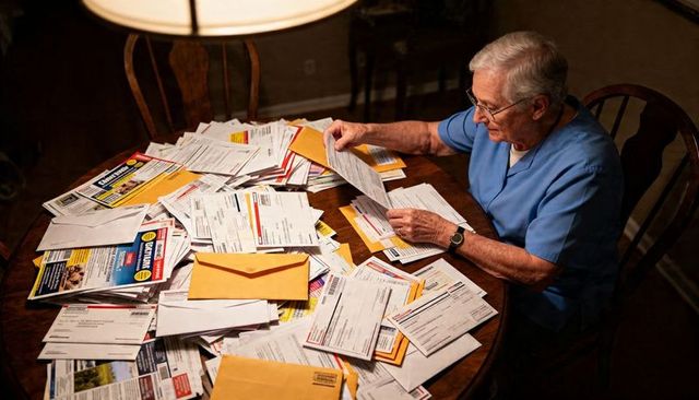 Senior sorting mail on dining table under warm lamp, reviewing bills and paperwork