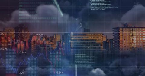 Financial Graphs and Data Overlay with Dynamic Cityscape - Download Free Stock Images Pikwizard.com